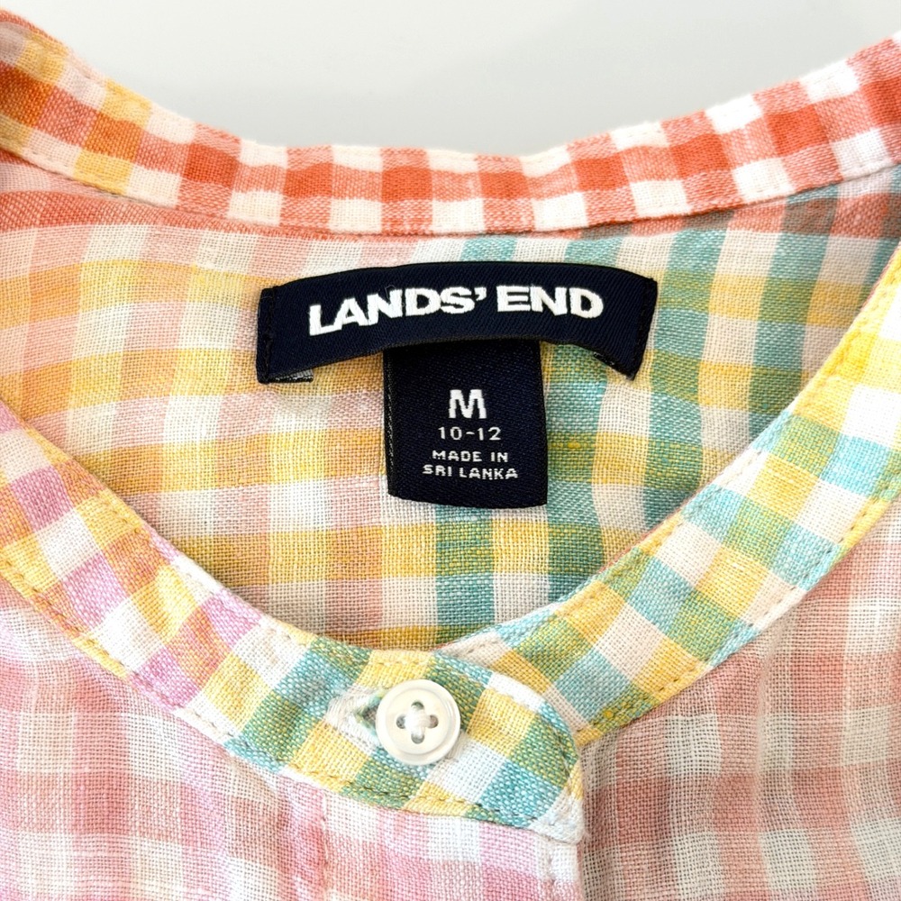 Lands End Women's Rainbow Plaid Linen Roll Tab Button Up Top M Beachy Lagenlook - Picture 9 of 11